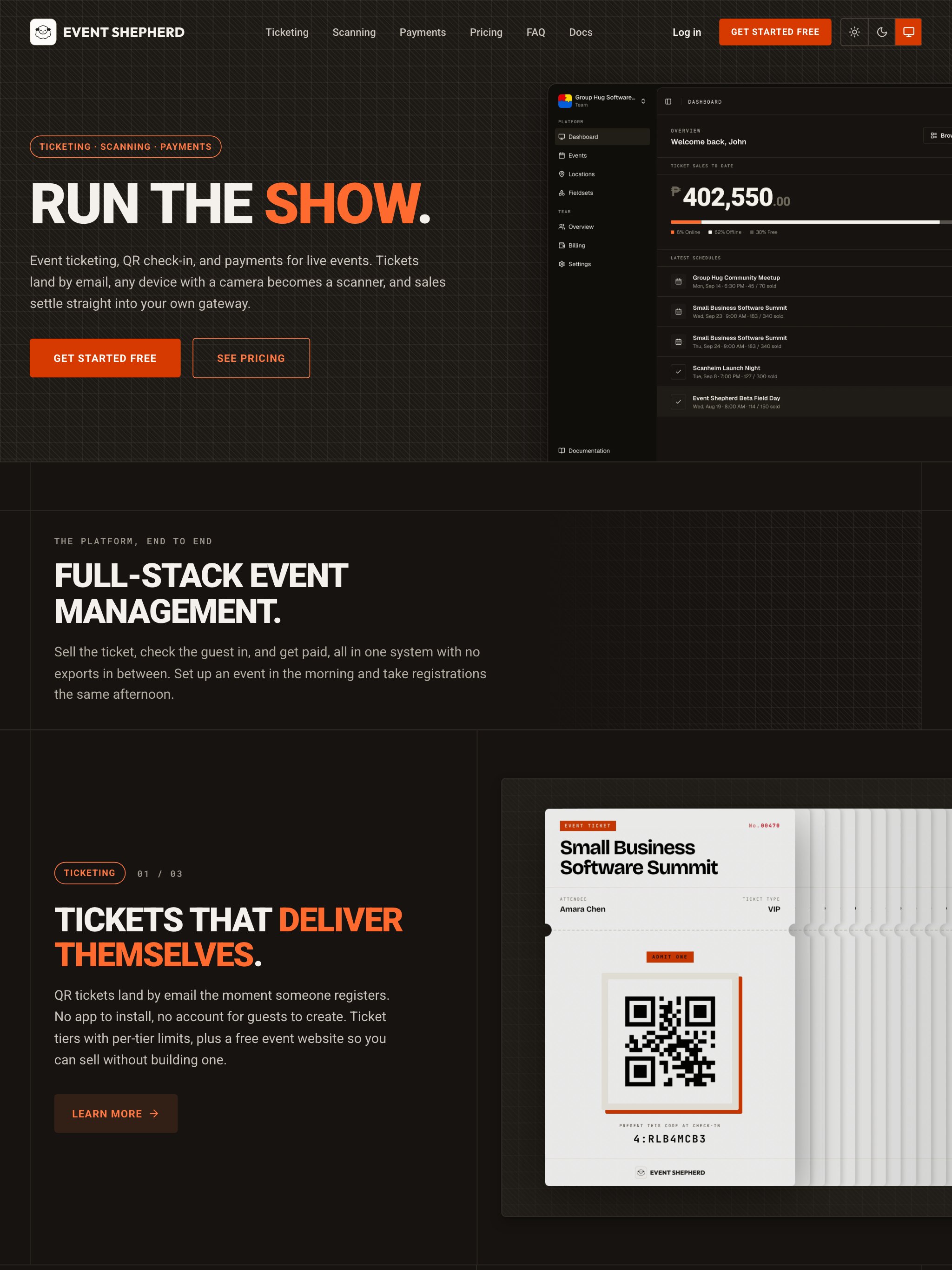 The eventshepherd.com homepage: "Run the show.", beside an organizer dashboard showing ticket sales to date and the latest event schedules.