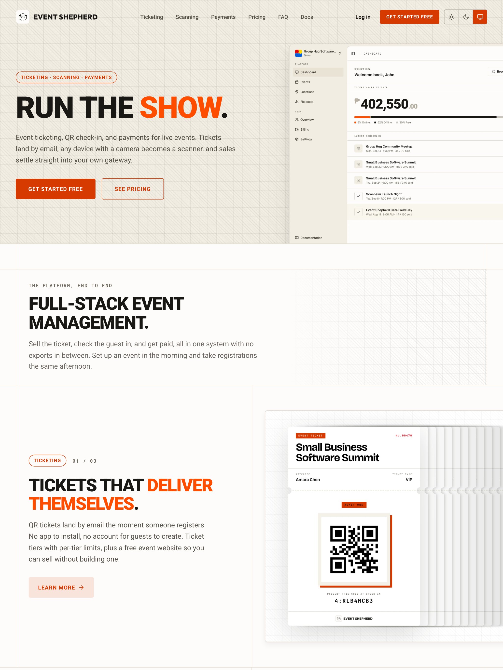 The eventshepherd.com homepage: "Run the show.", beside an organizer dashboard showing ticket sales to date and the latest event schedules.