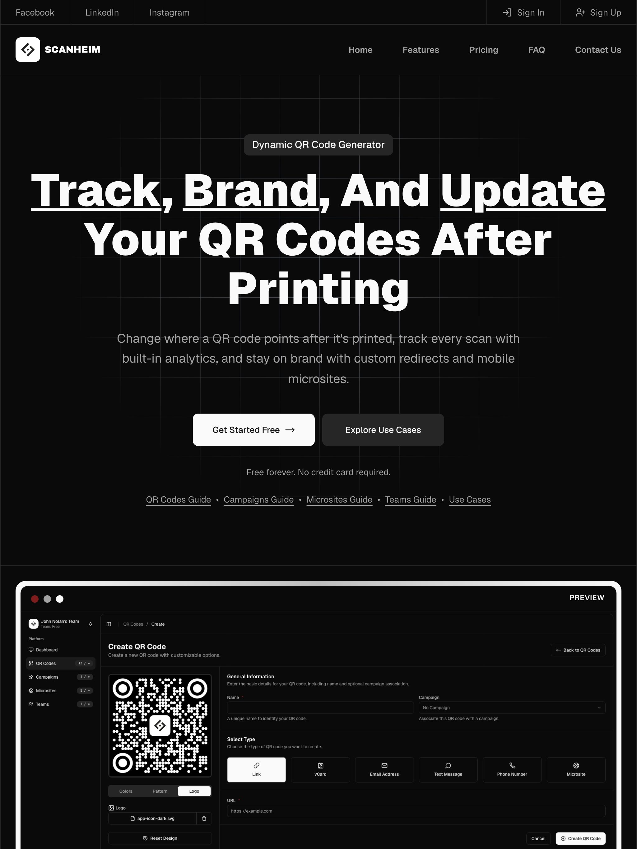 The scanheim.com homepage: "Track, brand, and update your QR codes after printing", with the QR code builder open below.