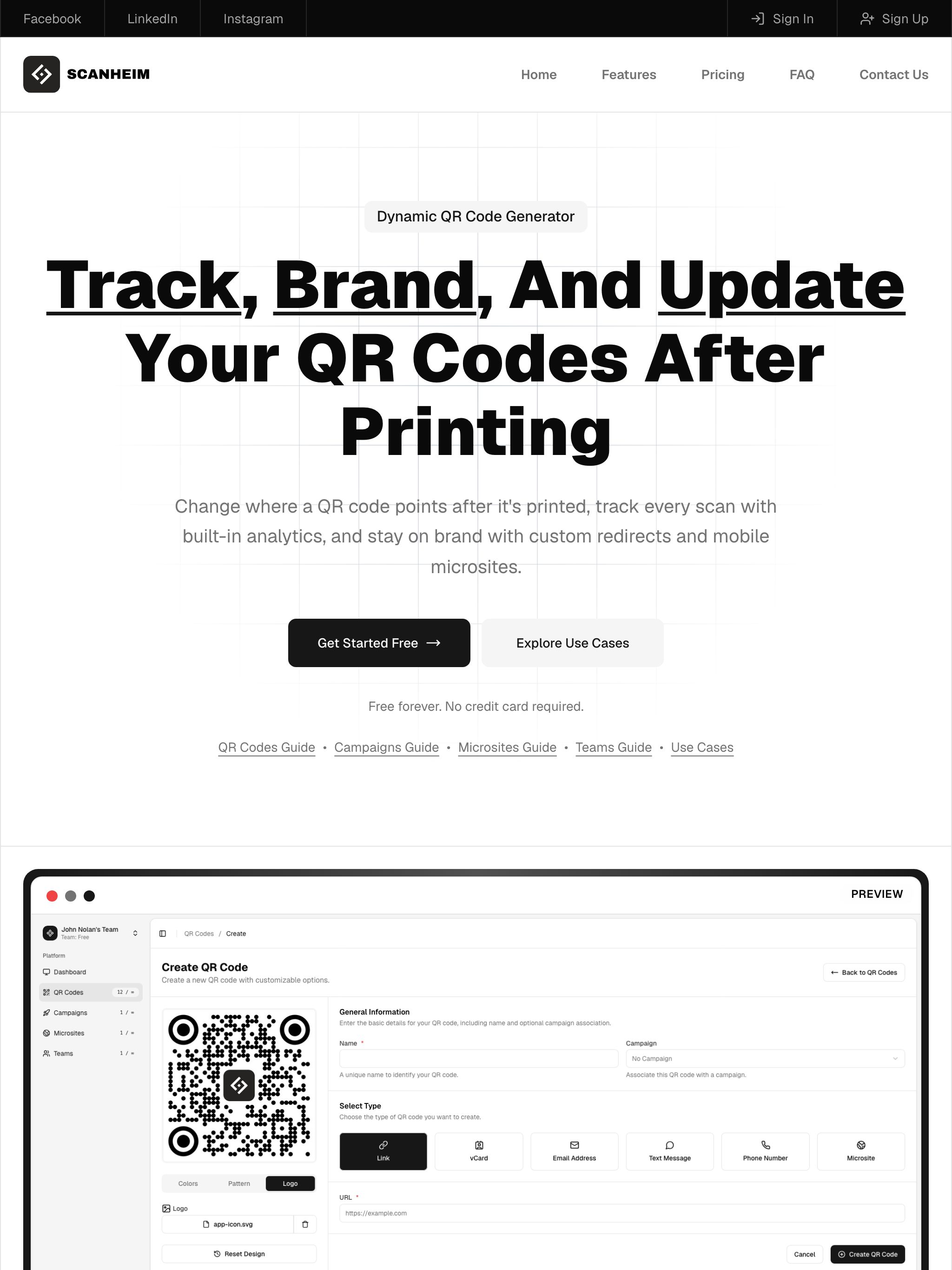 The scanheim.com homepage: "Track, brand, and update your QR codes after printing", with the QR code builder open below.